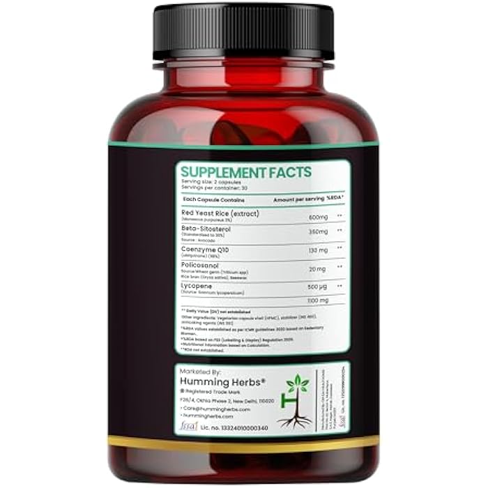 Humming Herbs Red Yeast Rice 1100mg with CoQ10, Policosanol, Beta Sitosterol & Lycopene Formula 60 Capsules - Image 2