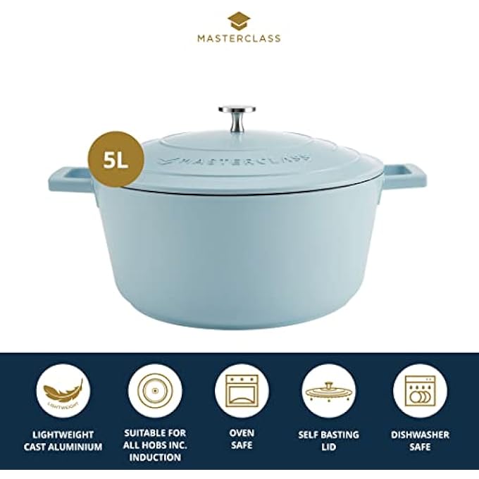 MASTERCLASS Large Casserole Dish With Lid 5L28 Cm Lightweight Cast Aluminium Induction Hob And Oven Safe Sky Blue - Image 3