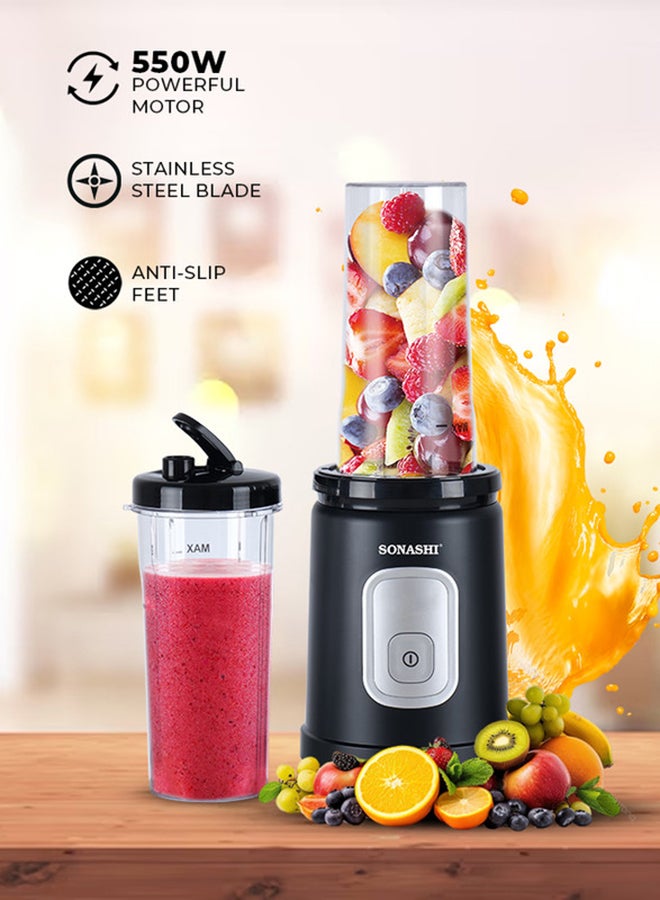 SONASHI Portable Sports Blender & Smoothie Maker - 1 Touch Button with 600ML Unbreakable Sports Bottle with Lid | 4Pcs Stainless Steel Blade with Anti-slip Feet | Overheat Protection 600 ml 550 W SB-200 Black - Image 1