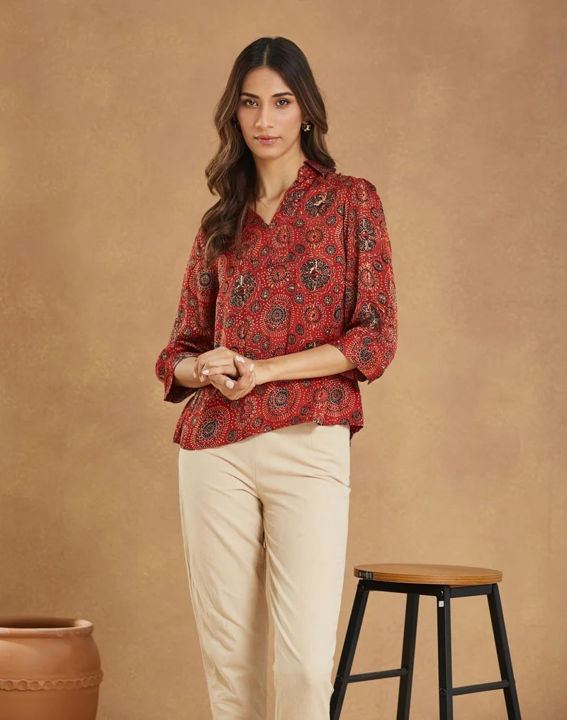 Fabindia Red Rayon Blend Ajrakh Printed Top
