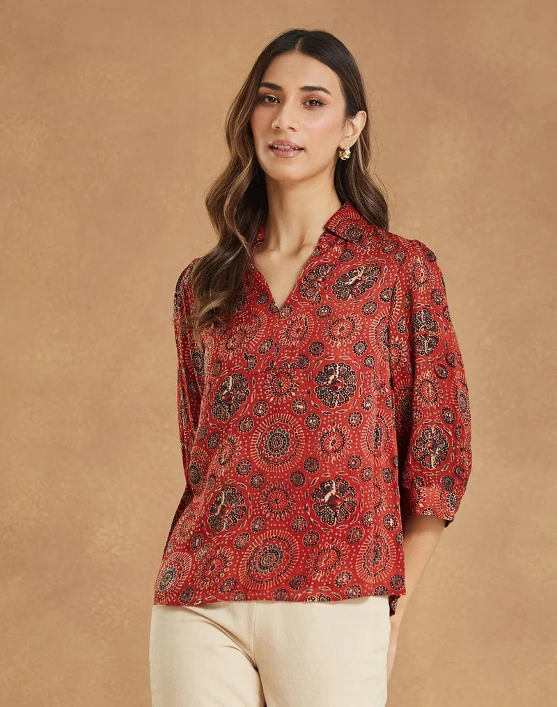 Fabindia Red Rayon Blend Ajrakh Printed Top