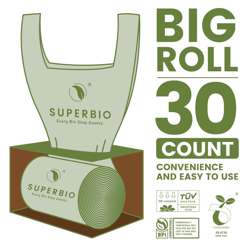 SUPERBIO 13 Gallon Compostable Kitchen Waste Bags with Handles, Food Scrap Bags Certified by BPI, OK compost INDUSTRIAL, 30 Count, 49.2L - Image 3