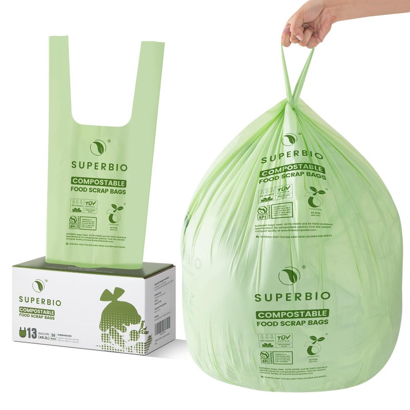 SUPERBIO 13 Gallon Compostable Kitchen Waste Bags with Handles, Food Scrap Bags Certified by BPI, OK compost INDUSTRIAL, 30 Count, 49.2L - Image 1