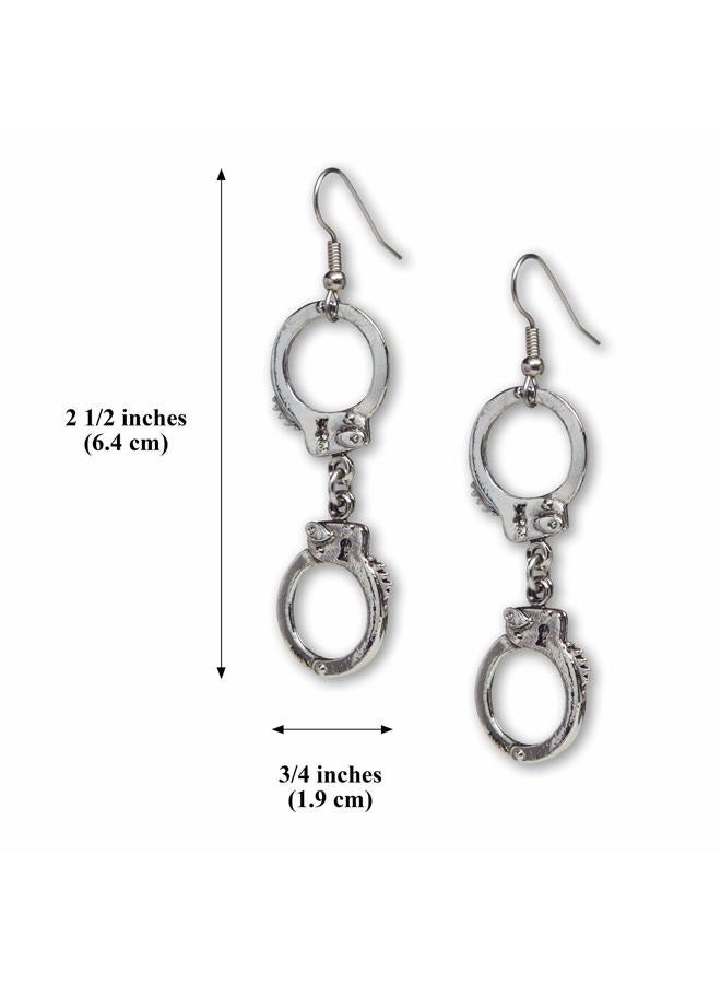 Real Metal Handcuff Dangle Earrings Silver Finish Pewter On Fish Hook Earring Wires - Image 3