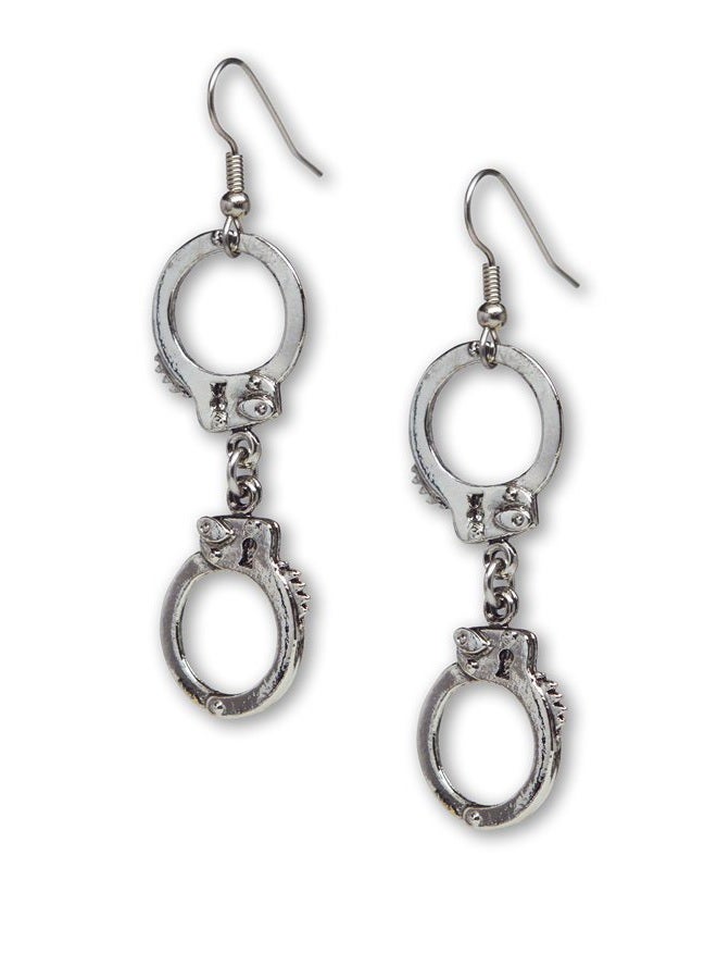 Real Metal Handcuff Dangle Earrings Silver Finish Pewter On Fish Hook Earring Wires - Image 1