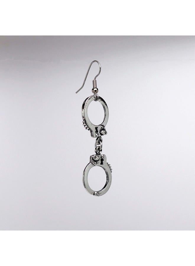 Real Metal Handcuff Dangle Earrings Silver Finish Pewter On Fish Hook Earring Wires - Image 4