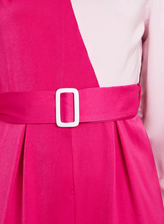 تايك تو Satin Colorblock Belted Wide Leg Jumpsuit