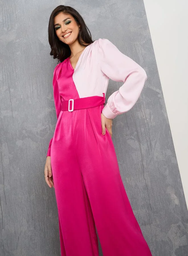 تايك تو Satin Colorblock Belted Wide Leg Jumpsuit