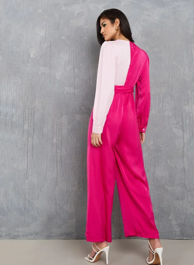 تايك تو Satin Colorblock Belted Wide Leg Jumpsuit