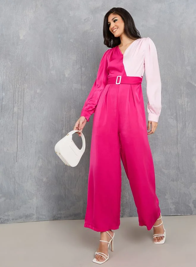 تايك تو Satin Colorblock Belted Wide Leg Jumpsuit