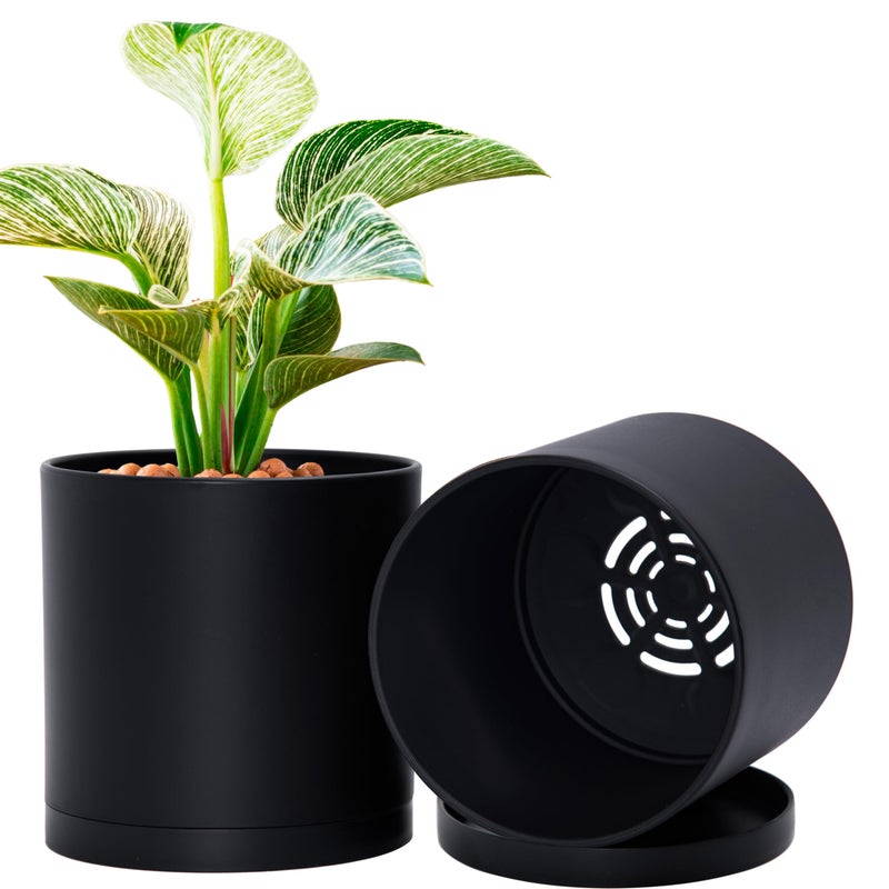 D'vine Dev 2 Pack 6 Inch Modern Plastic Plant Pots, Small Garden Planters for Plant with Drainage Holes and Saucers, Black Color, 74-Y-J-1 - Image 1