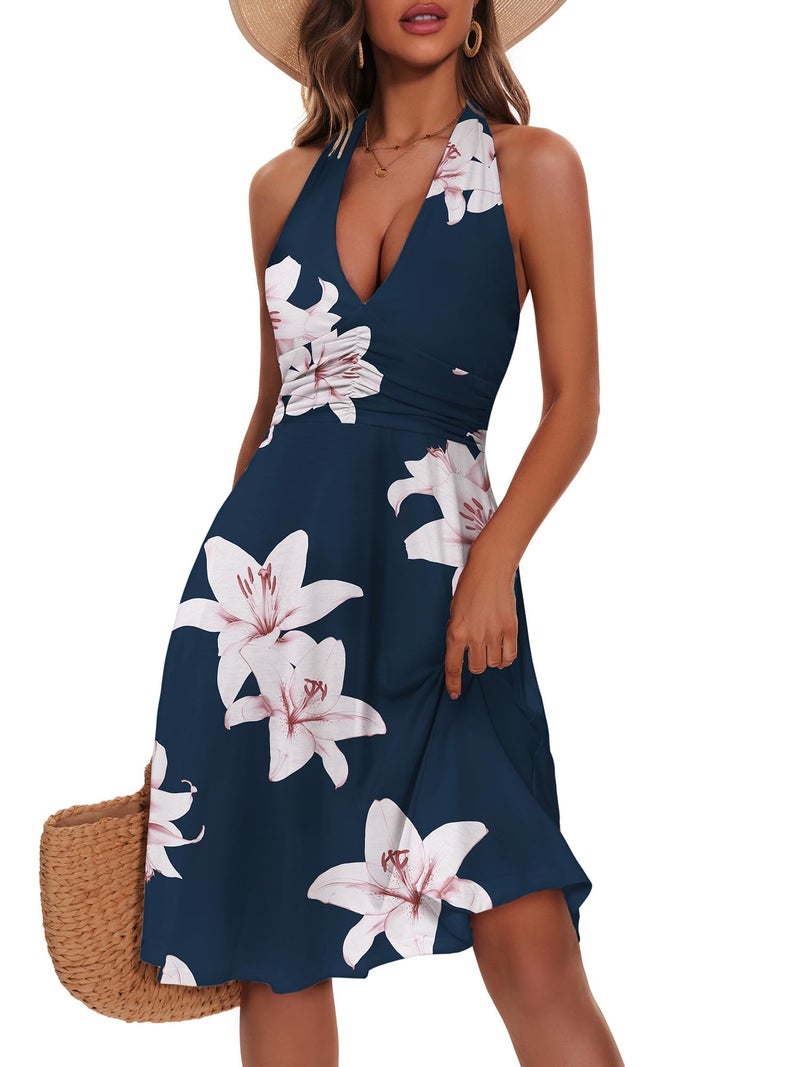 HUHOT Spring Easter Casual Summer Dresses for Women Petite Sexy Vacation Curvy Halter Sundress Navy Blue Flower with Pockets Outfits Resort Wear Semi Formal Wedding Guest Sun Dress Beach Milkmaid - Image 1