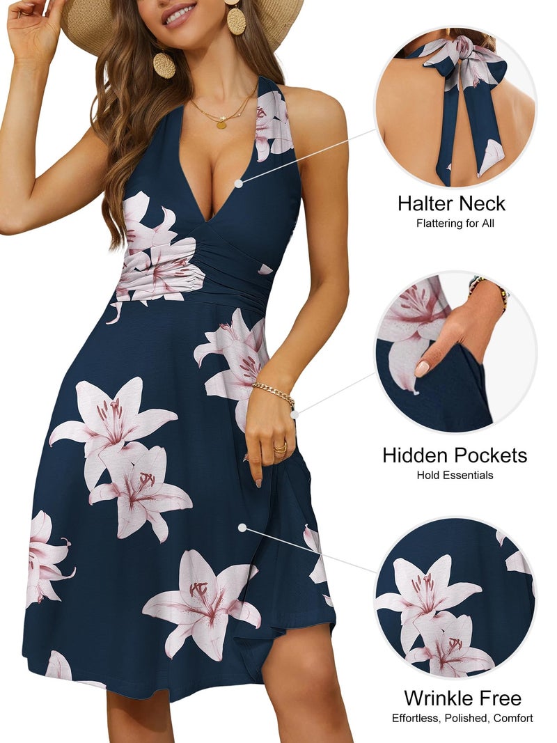 HUHOT Spring Easter Casual Summer Dresses for Women Petite Sexy Vacation Curvy Halter Sundress Navy Blue Flower with Pockets Outfits Resort Wear Semi Formal Wedding Guest Sun Dress Beach Milkmaid - Image 4
