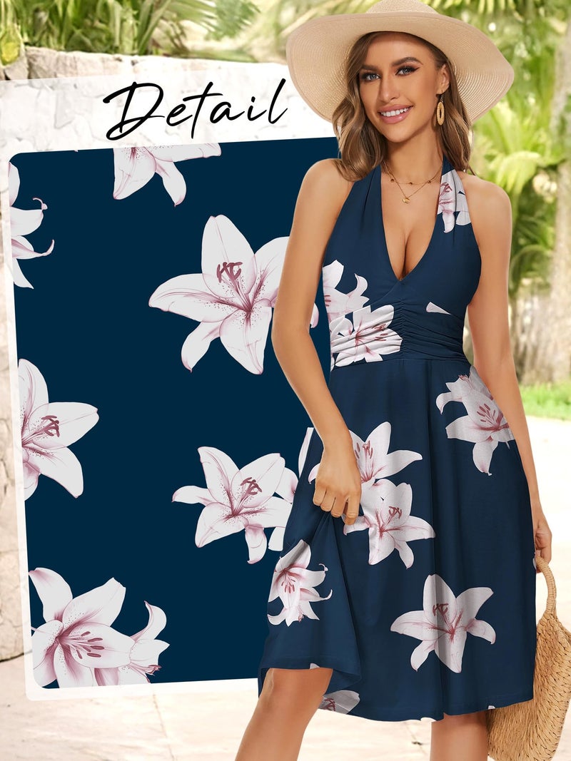 HUHOT Spring Easter Casual Summer Dresses for Women Petite Sexy Vacation Curvy Halter Sundress Navy Blue Flower with Pockets Outfits Resort Wear Semi Formal Wedding Guest Sun Dress Beach Milkmaid - Image 3