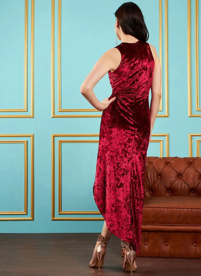 SASSAFRAS Maroon V-Neck Velvet Maxi Dress for Women