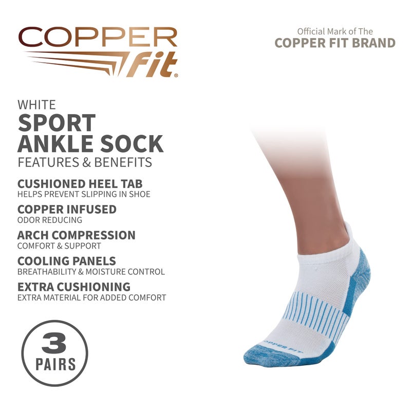 Copper Fit Unisex Adult Ankle Length Sport Socks, White, Small-Medium US - Image 2