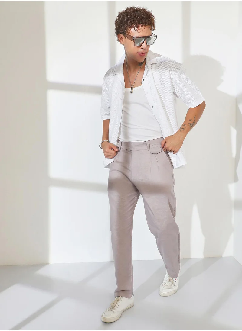 Campus Sutra Men's Cloud Grey Tailored Linen-Blend Trousers