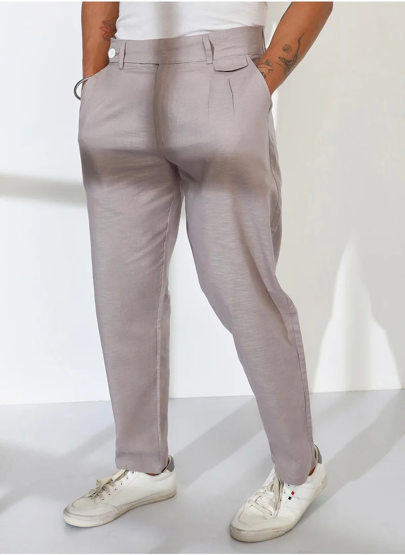 Campus Sutra Men's Cloud Grey Tailored Linen-Blend Trousers