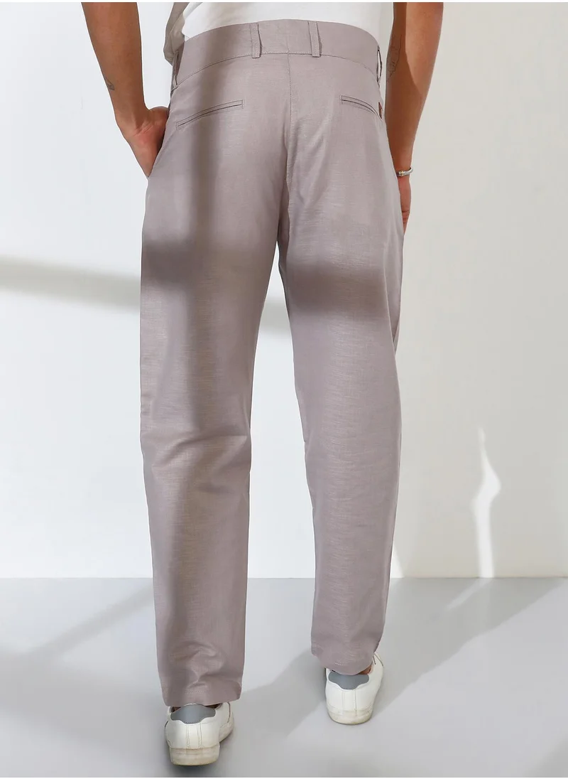 Campus Sutra Men's Cloud Grey Tailored Linen-Blend Trousers