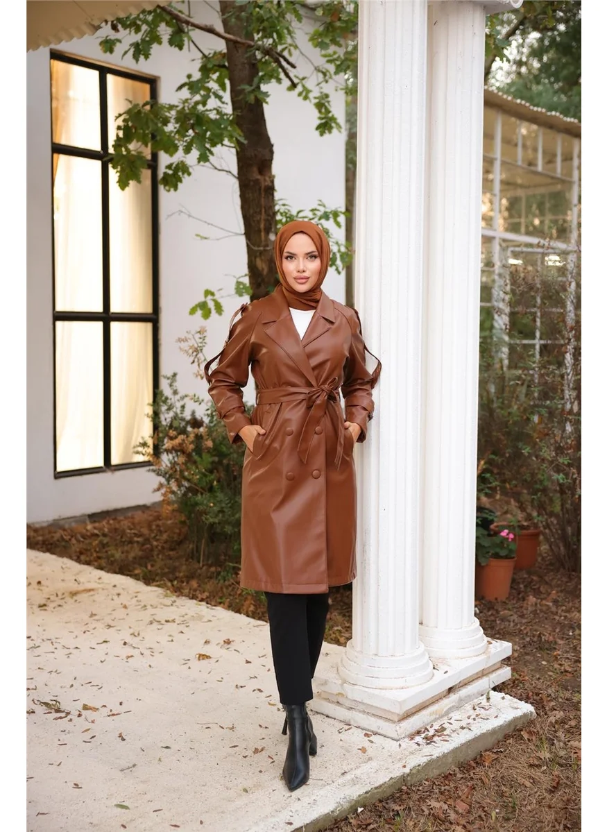 Bwest Double Breasted Pocket Waist Laced Leather Trench Coat - 71212.028 - Brown
