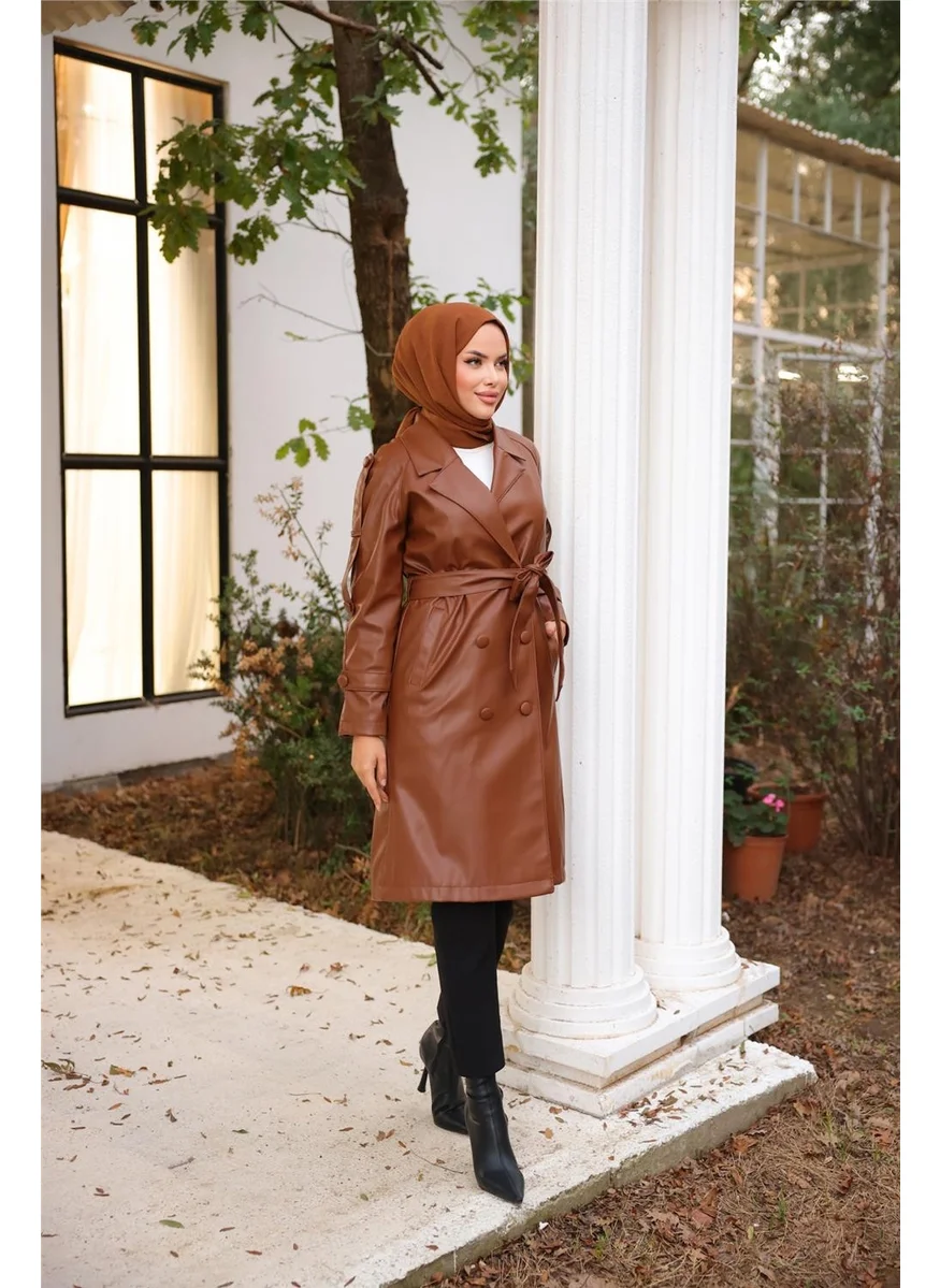 Bwest Double Breasted Pocket Waist Laced Leather Trench Coat - 71212.028 - Brown
