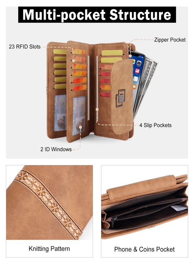 FADEON Leather Wallets for Women, Large RFID Blocking Trifold Wristlet Purse with Credit Card Holder Organizer, Camel Brown Nubuck Style, 4.13 x 2.13 x 7.87 inches, Vintage - Image 3
