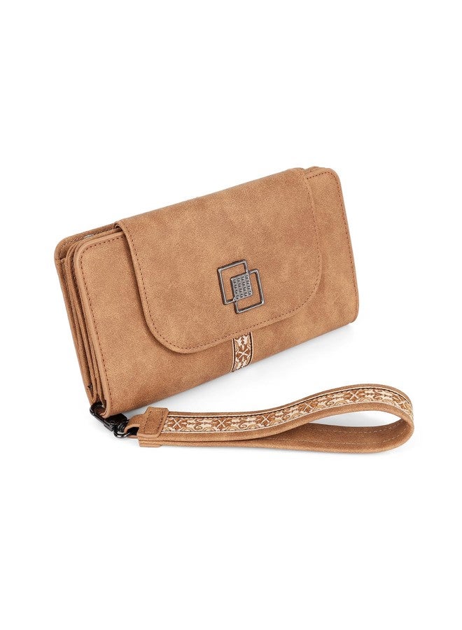 FADEON Leather Wallets for Women, Large RFID Blocking Trifold Wristlet Purse with Credit Card Holder Organizer, Camel Brown Nubuck Style, 4.13 x 2.13 x 7.87 inches, Vintage - Image 1