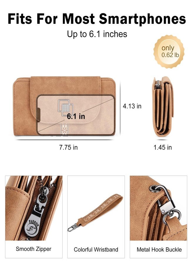 FADEON Leather Wallets for Women, Large RFID Blocking Trifold Wristlet Purse with Credit Card Holder Organizer, Camel Brown Nubuck Style, 4.13 x 2.13 x 7.87 inches, Vintage - Image 4