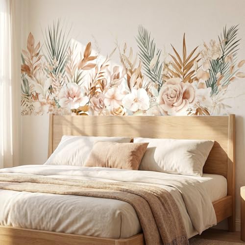 VePret Boho Floral Flowers Wall Decals Peel and Stick, Palm Leaves Plants Vinyl Wall Decor, Removable Room Home House Wall Stickers & Murals for Bedroom Living Room Bathroom Office - Image 3