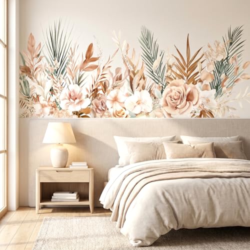 VePret Boho Floral Flowers Wall Decals Peel and Stick, Palm Leaves Plants Vinyl Wall Decor, Removable Room Home House Wall Stickers & Murals for Bedroom Living Room Bathroom Office - Image 1
