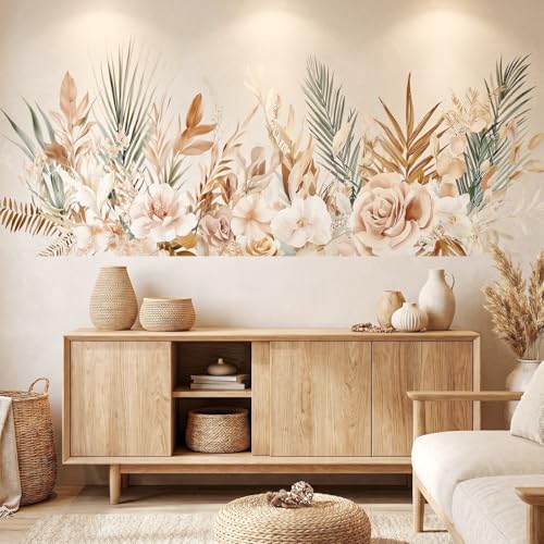 VePret Boho Floral Flowers Wall Decals Peel and Stick, Palm Leaves Plants Vinyl Wall Decor, Removable Room Home House Wall Stickers & Murals for Bedroom Living Room Bathroom Office - Image 4