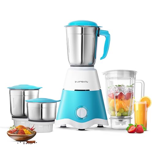 Longway Super Dlx Juicer Mixer Grinder | Up to 750 Watt Powerful Motor | 4 Jars for Grinding, Mixing, Juicing | 2 Year Warranty | Blue & White - Image 1