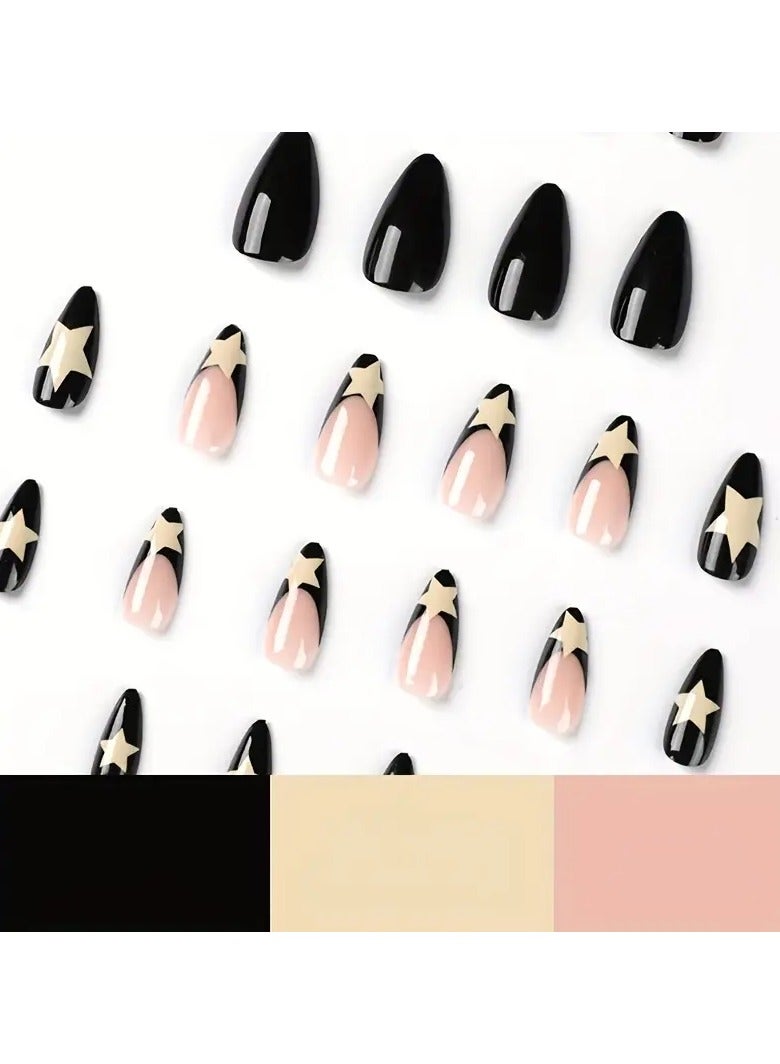 ORiTi Balck Press On Nails Medium Fake French Nails Acrylic Full Cover Artificial Glossy False Nails For Women And Girls 24PCS - Image 4