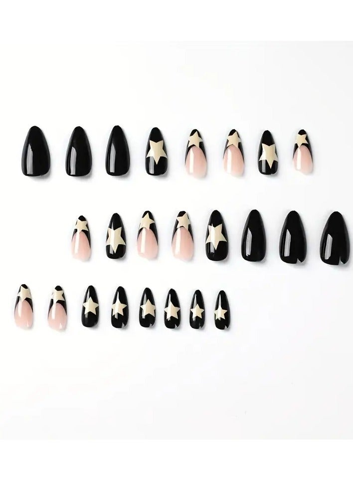 ORiTi Balck Press On Nails Medium Fake French Nails Acrylic Full Cover Artificial Glossy False Nails For Women And Girls 24PCS - Image 5