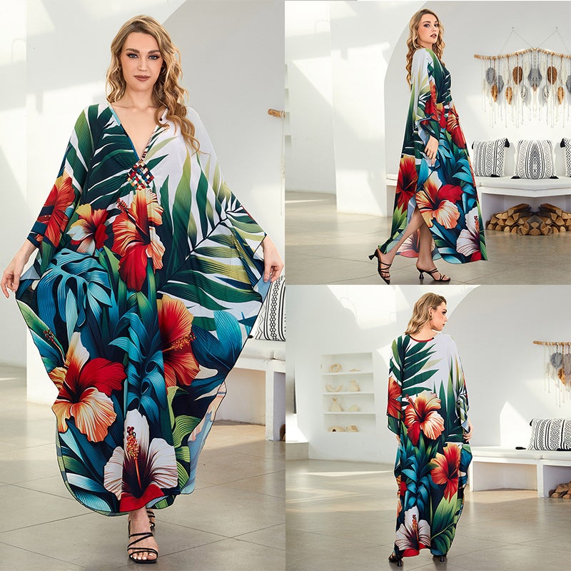 Generic 2024 new cross-border polyester beach blouse dress loose robe bikini outer wear womens swimsuit sun protection shirt ZS2338-1 hibiscus flower 