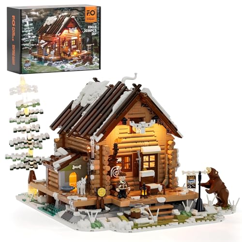 FUNWHOLE Hunting-Cabin Lighting Building-Bricks Set - Retro Wooden Cabin LED Light Construction Building Model Set 2036 Pcs for Adults and Teen - Image 1