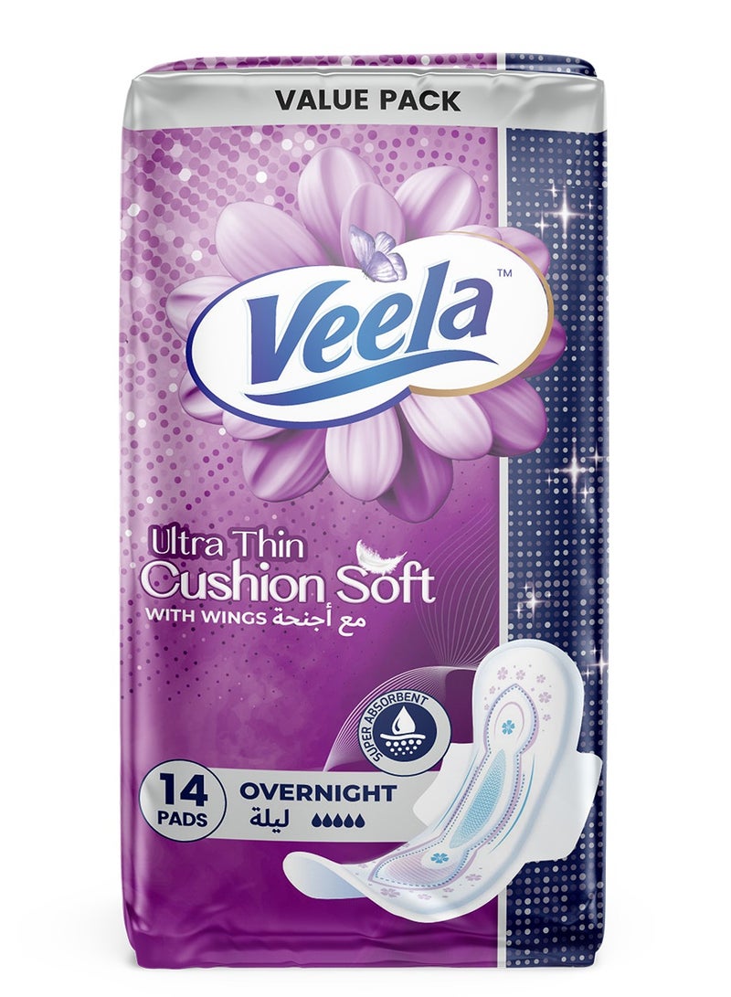 Veela Cushion Soft Ultra Thin Pads for Women - Ultra-Soft, Breathable, and Leak-Proof Sanitary Napkins, Heavy Flow Feminine Hygiene Pads (OVERNIGHT, 14, count) - Image 1