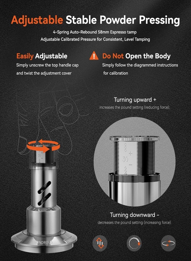muvna 58mm Impact Espresso Tamper with Sound Feedback - MUVNA Self-Leveling 4-Spring Calibrated Coffee Tamper in Gift, Impact for Easier Tamping & Better Extraction, Fits 58mm Portafilters, Silver - Image 4