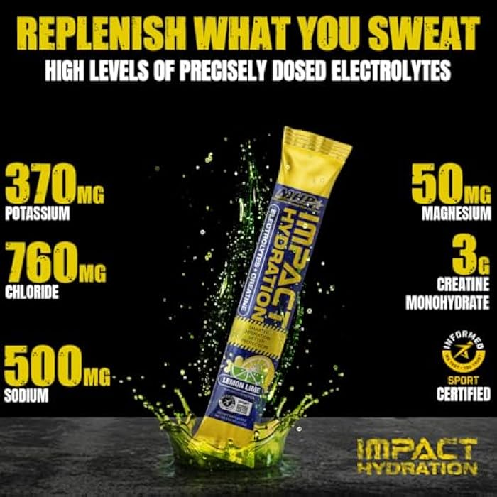 Maximum Human Performance MHP Impact Hydration Electrolyte Creatine Sports Drink Stick Pack, No Artificial Sweeteners or Colors, Performance, Recovery, Lemon Lime, 14 Count - Image 3