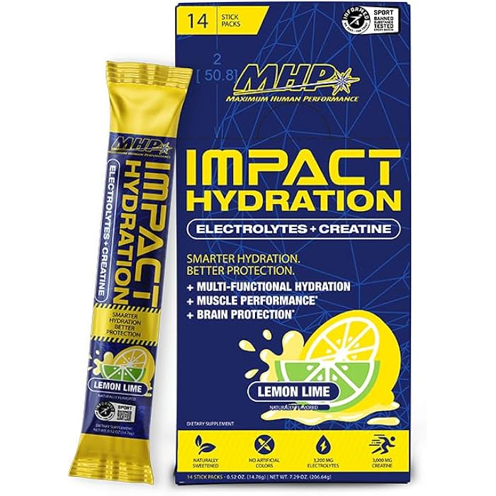 Maximum Human Performance MHP Impact Hydration Electrolyte Creatine Sports Drink Stick Pack, No Artificial Sweeteners or Colors, Performance, Recovery, Lemon Lime, 14 Count - Image 1