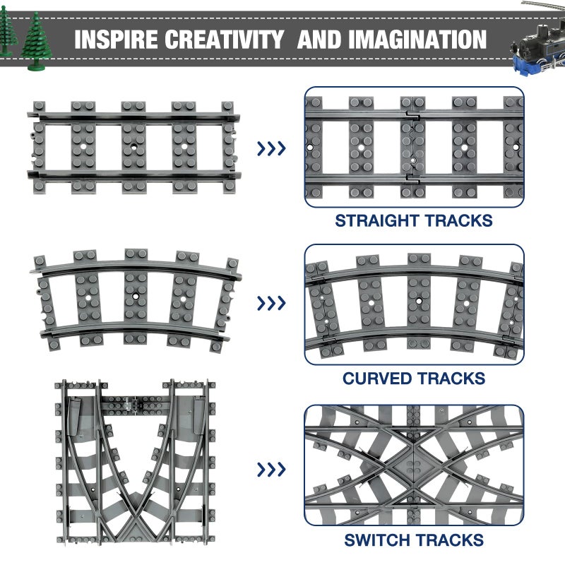 MANNIDOO Classic City Train Tracks, 54 Pieces Railroad Track with 32 Curved, 20 Straight and 2 Switch Train Tracks, Train Expansion Accessories Compatible with All Major Train Tracks - Image 2