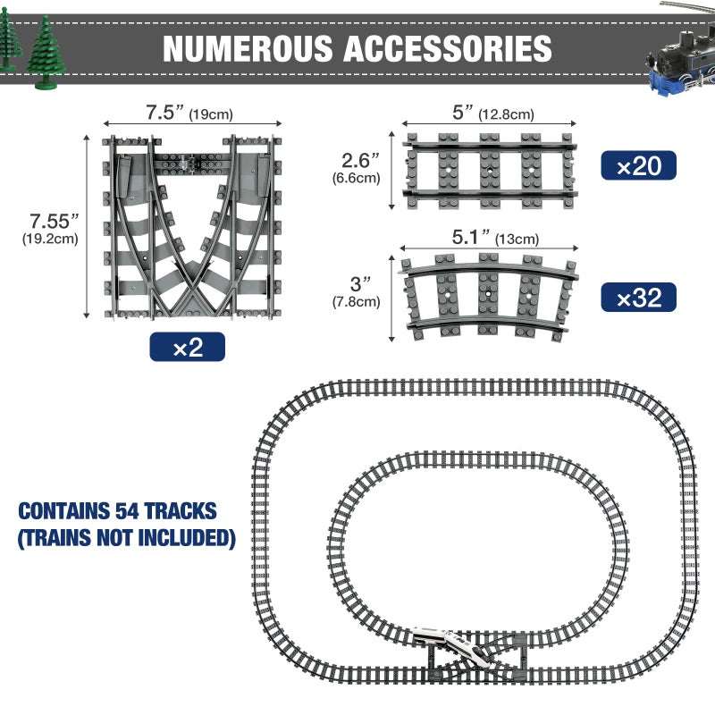 MANNIDOO Classic City Train Tracks, 54 Pieces Railroad Track with 32 Curved, 20 Straight and 2 Switch Train Tracks, Train Expansion Accessories Compatible with All Major Train Tracks - Image 3