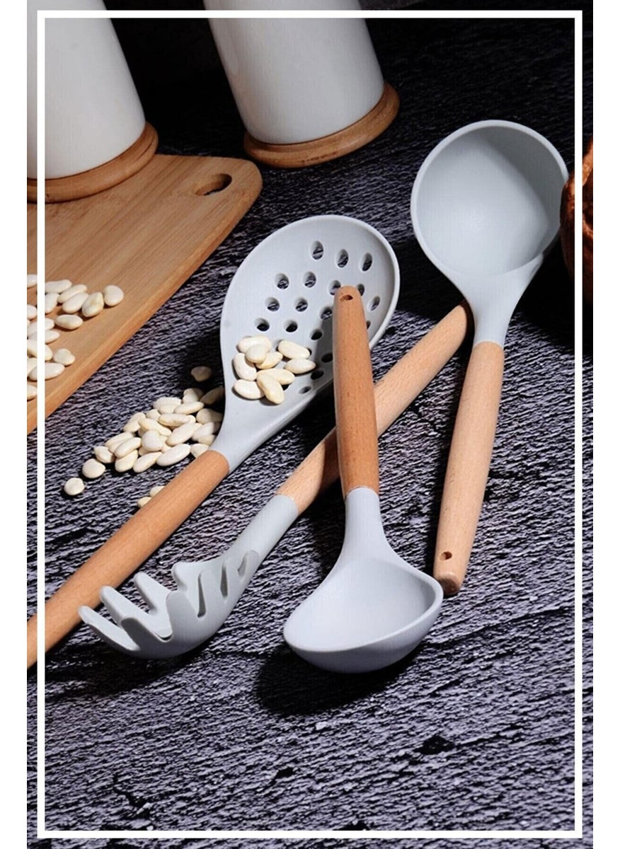 Hazarpazar Bamboo Handled Silicone Spoon & Ladle & Colander & Spaghetti Set of 4 - Smoked 