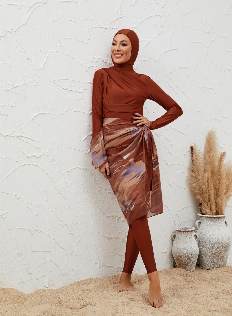 JiuAn 4-Piece Modest Burkini for Women, Long Sleeve Full Coverage Islamic Swimsuit Set with Top, Pants, Hijab Swim Cap & Wrap Skirt, Quick Dry Sun Protection Muslim Bathing Suit for Swimming Beach - Image 3