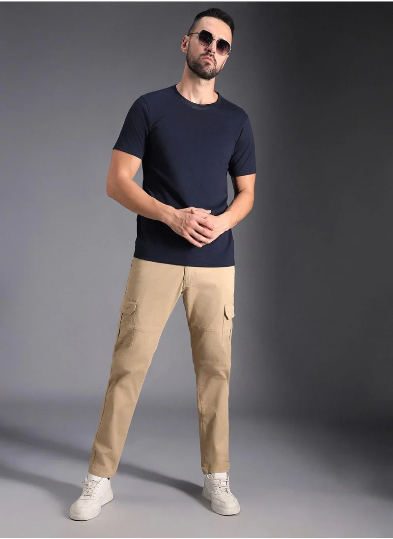 HIGH STAR Khaki Regular Fit Mid-Rise Cotton Cargo Trousers for Men