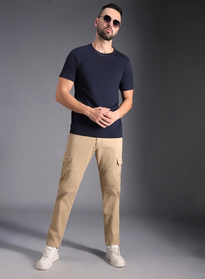 HIGH STAR Khaki Regular Fit Mid-Rise Cotton Cargo Trousers for Men  - Image 1