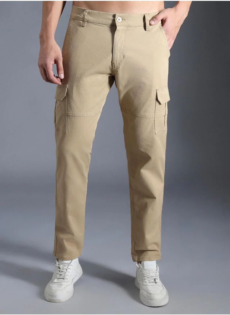 هاي ستار Khaki Regular Fit Mid-Rise Cotton Cargo Trousers for Men