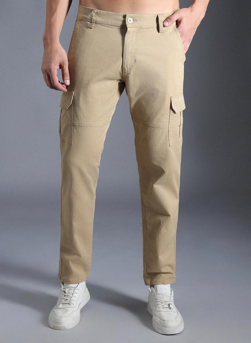 HIGH STAR Khaki Regular Fit Mid-Rise Cotton Cargo Trousers for Men  - Image 2