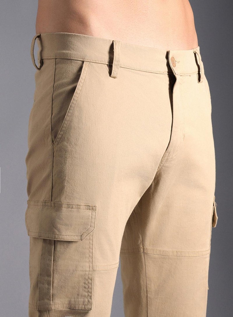 HIGH STAR Khaki Regular Fit Mid-Rise Cotton Cargo Trousers for Men  - Image 5