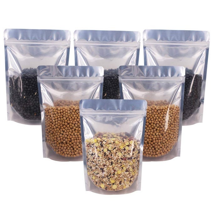 100 PACK 67 X 945 INCH STAND UP POUCH BAGS ZIPPER MYLAR BAGS CLEAR FRONT WITH ALUMINUM FOIL BACK REUSABLE FOOD STORAGE BAGS FOR MULTIPURPOSE WITH GUSSET BOTTOM55MIL THICKNESS